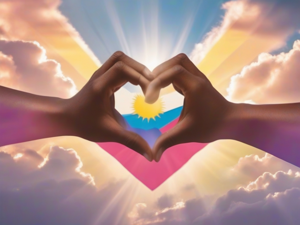 Manos de diversos tonos de piel formando corazon alrededor de bandera trans